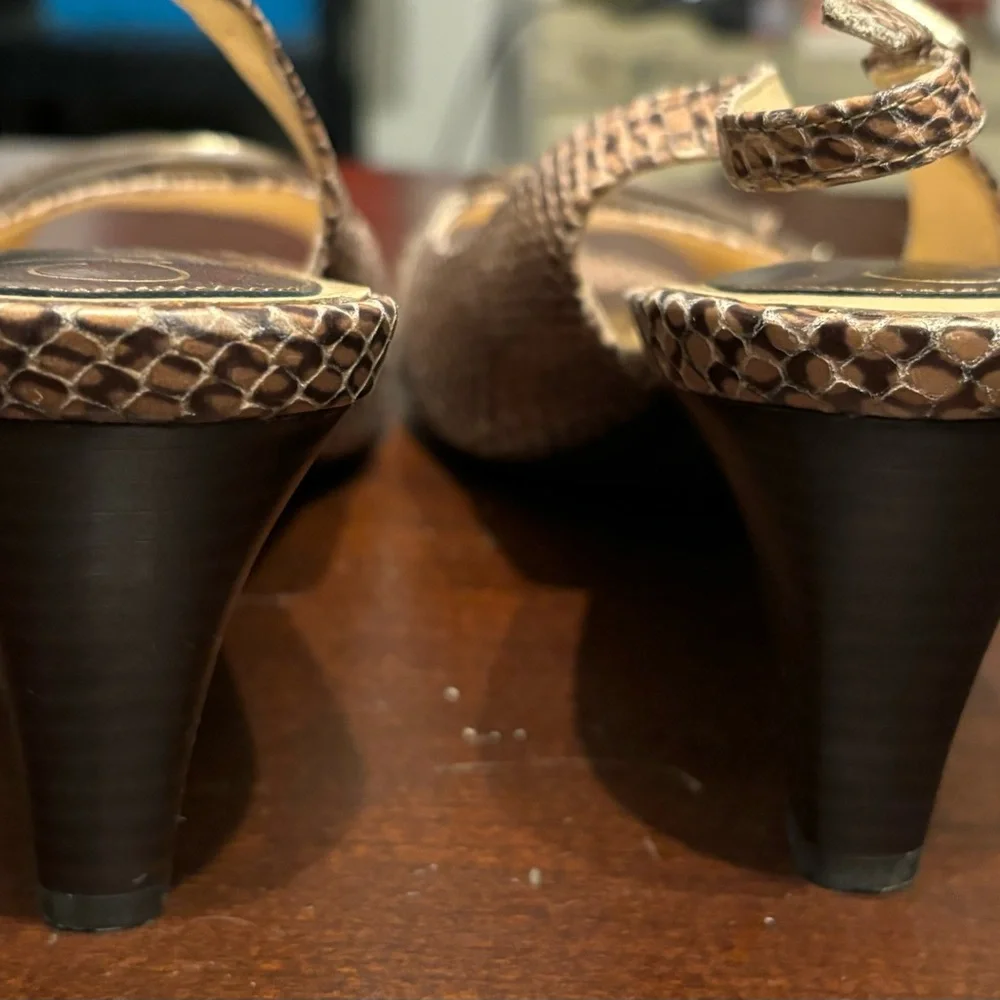 Cole Haan Eliana Tan Snake Skin Print Gold Buckle Sling Back Sz 8.5B Fall Winter